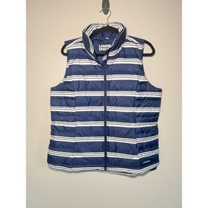 Women's Lands End Puffer Vest Size Large  Allied Feather Down Navy /White Stripe
